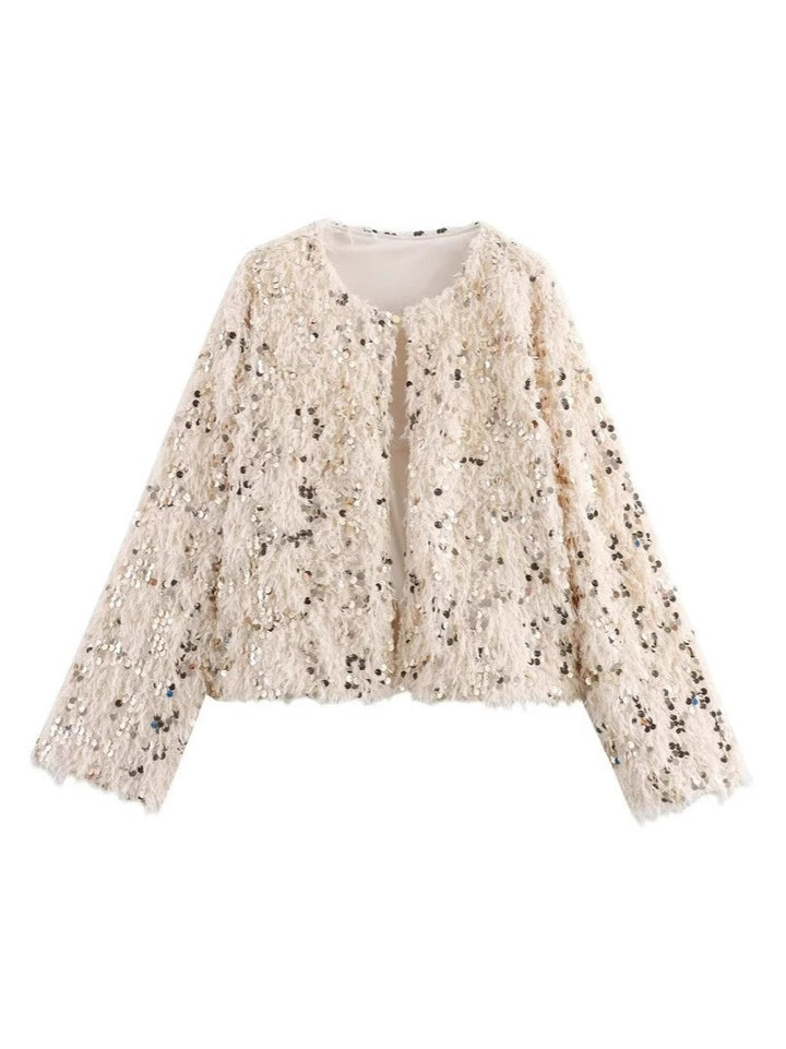 Damen Cropped‑Jacke aus flauschigem Faux‑Fur mit Paillettenbesatz Drune