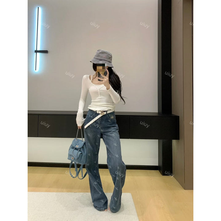 Damen Modische Baggy Jeans mit hohem Bund Drune