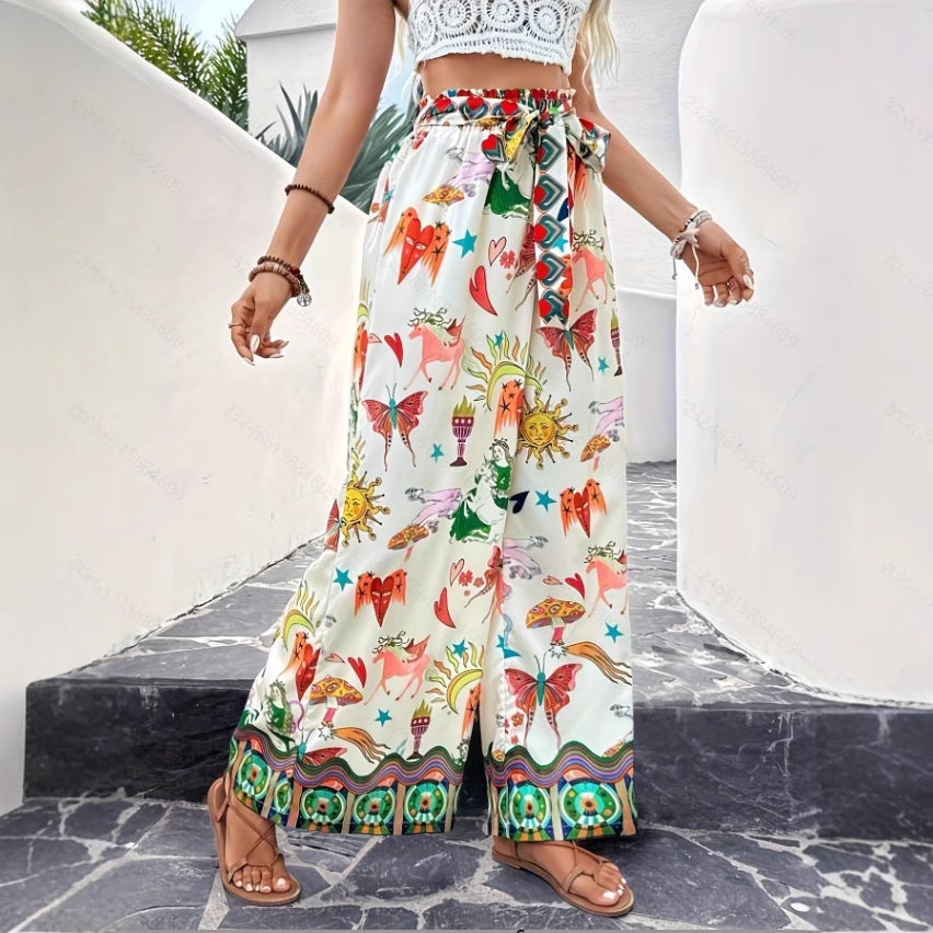 Damen Palazzohose mit buntem Print und elastischem Bund Drune