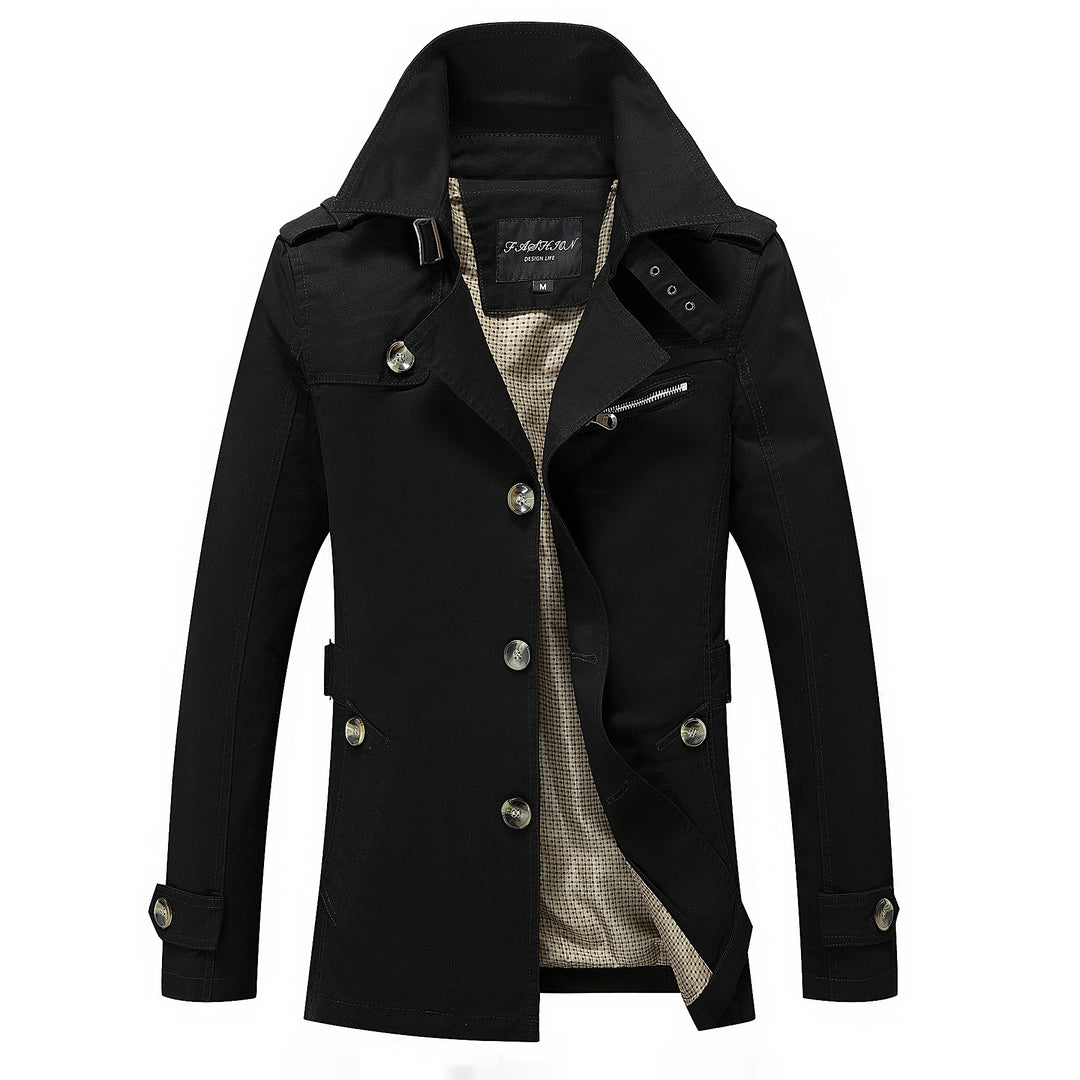 Herren Moderner Field-Trenchcoat mit Stehkragen, Schulterepauletten und kariertem Innenfutter Drune