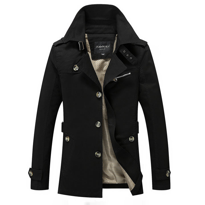 Herren Moderner Field-Trenchcoat mit Stehkragen, Schulterepauletten und kariertem Innenfutter Drune