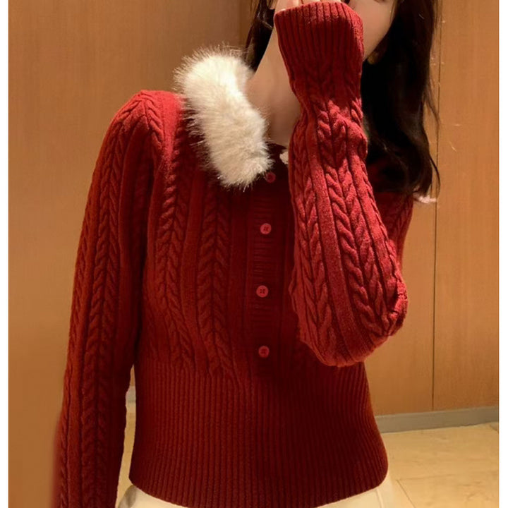 Damen Strickpullover mit luxuriösem Fellkragen und eleganten Knopfdetails Drune