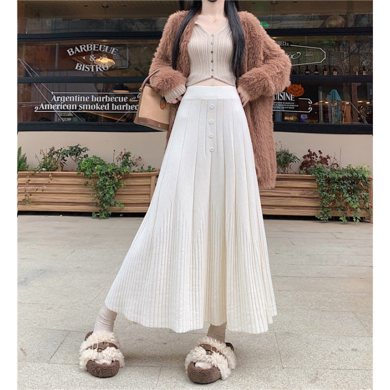 Damen Eleganter Maxirock mit feinem Faltenwurf und Knopfdetails Drune