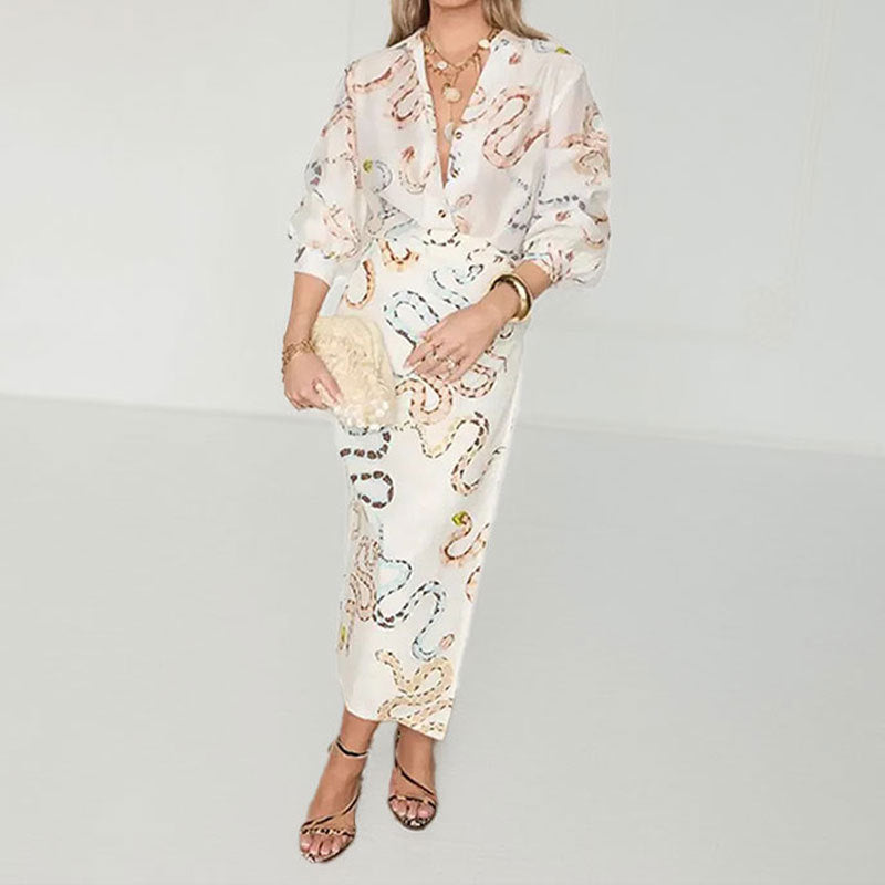 Damen Midikleid mit schickem Schlangenmuster und transparenten Ärmeln Drune