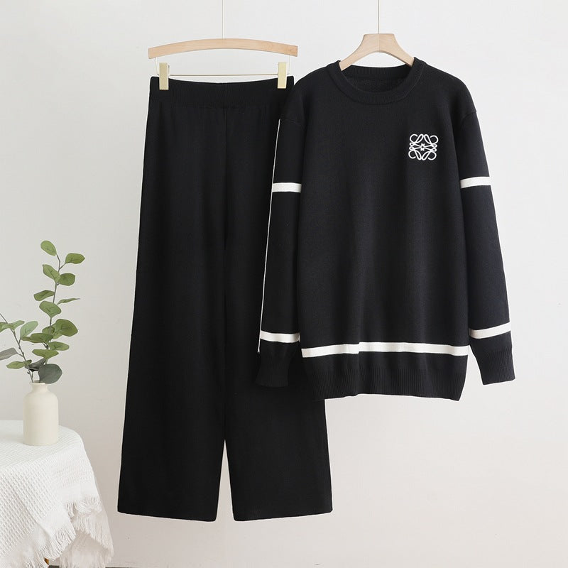 Damen modisches Freizeit-Loungewear-Set mit breiten Beinen und dezentem Logo Drune