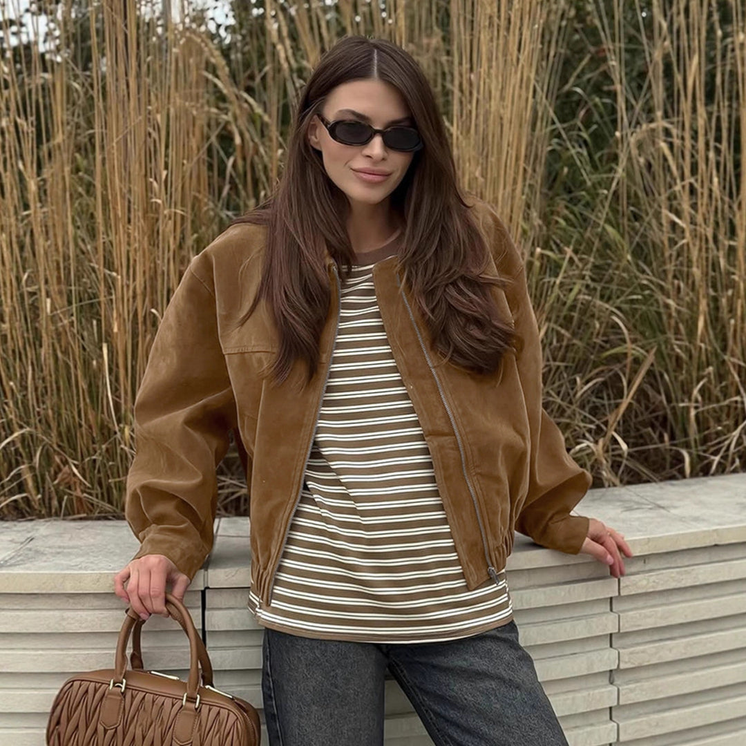 Damen Modische Wildlederjacke mit elastischem Bund und asymmetrischem Kragen Drune