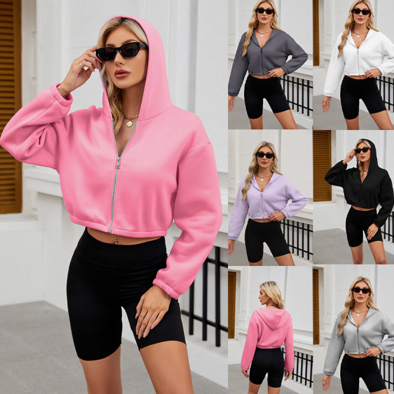 Damen Cropped Kapuzenjacke mit durchgehendem Reißverschluss und oversized Ärmeln Drune