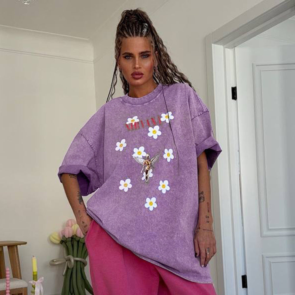 Damen Trendiges Oversized T-Shirt mit floralem Aufdruck Drune