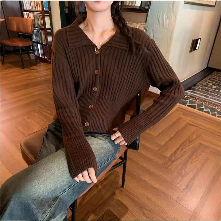 Damen feiner Strickpullover mit eleganter Knopfleiste und strukturiertem Rippdesign Drune
