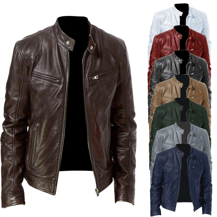 Herren nan schlanke Echtleder-Bikerjacke mit Stehkragen, zwei Brust-Reißverschlusstaschen und geradliniger Silhouette Drune