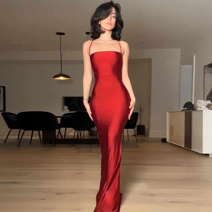 Damen elegantes Bodycon Maxikleid mit schulterfreiem Design und feinen Trägern Drune