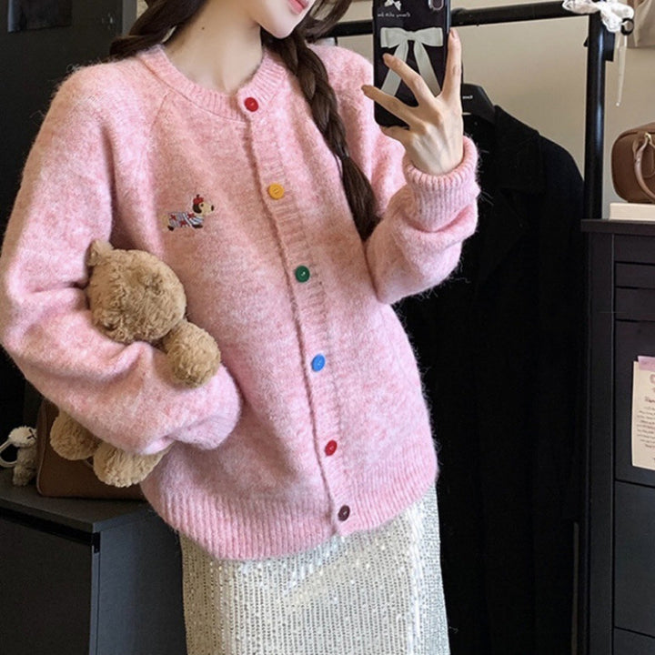 Damen Strickjacke mit bunten Knöpfen und gesticktem Motiv Drune
