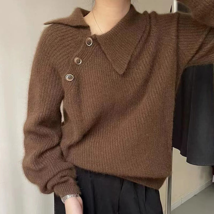 Damen Strickpullover mit besonderem Kragen und Knopfdetails Drune