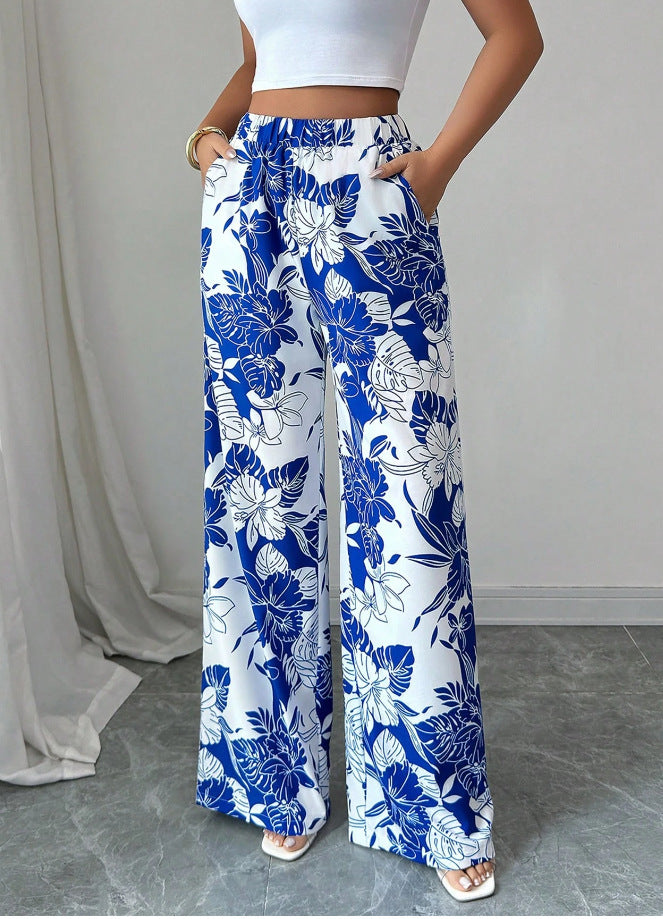 Damen Hochtaillierte Palazzohose mit floralem Design und seitlichen Taschen Drune