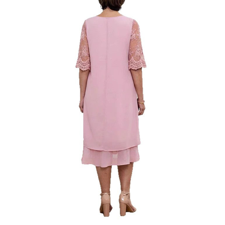 Damen nan A-Linien-Chiffonkleid mit floral bestickter Spitzenpasse, verdeckter Mittelnahtfalte und mehrlagigem Volant Drune