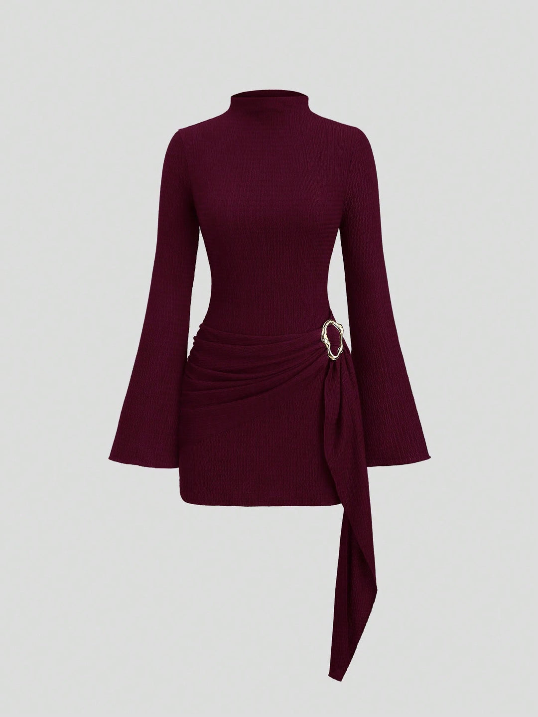 Damen nan figurbetontes Strick-Minikleid mit Stehkragen, Trompetenärmeln und seitlichem Drapé mit Zierring Drune