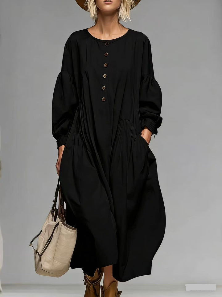 Damen Lässiges Midi-Kleid mit Knopfleiste, Ballonärmeln und Eingrifftaschen Drune