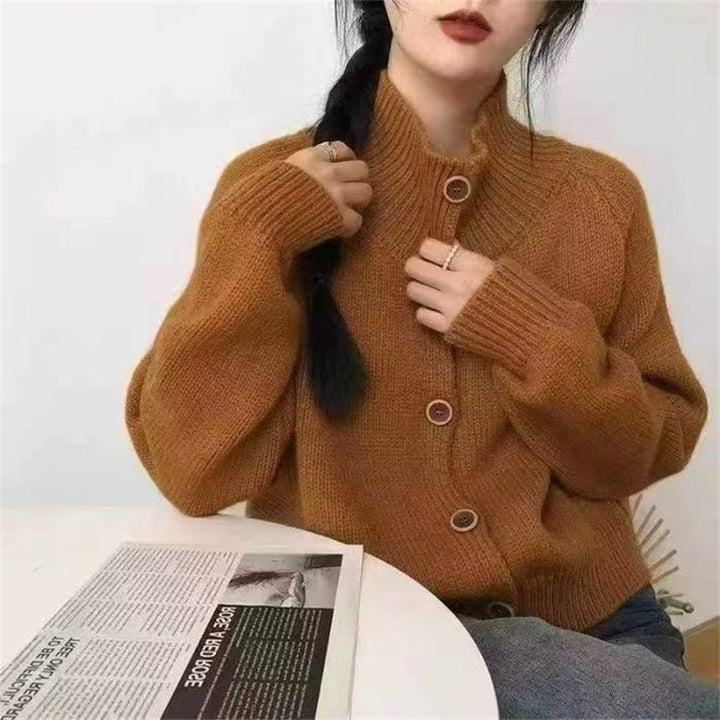 Damen kuscheliger Hochkragen-Cardigan mit Knopfdetails Drune