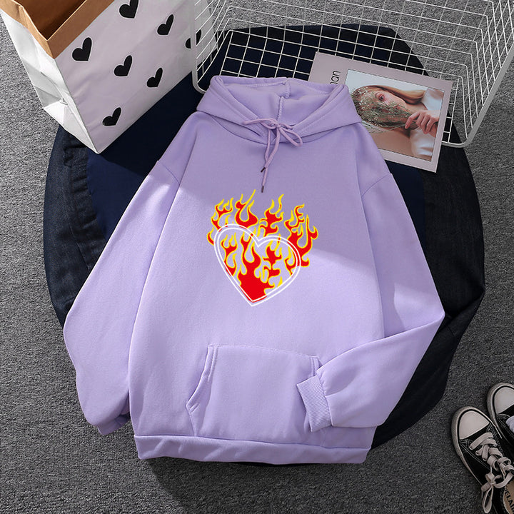 Damen nan leichter Oversize Kapuzenpullover mit Herz‑EKG‑Motiv, langen Kordeln und elastischem Bund Drune