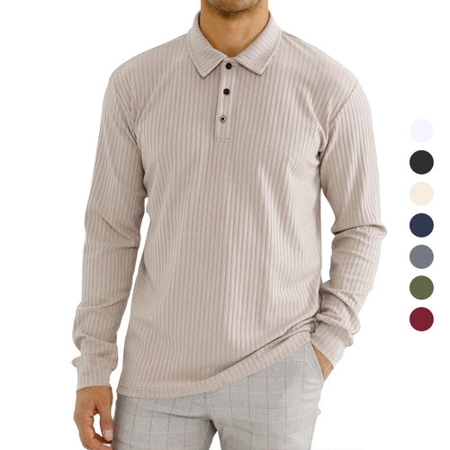 Herren nan geripptes Langarm-Poloshirt mit feiner Rippenstruktur, klassischem Kragen und elastischem Saum Drune