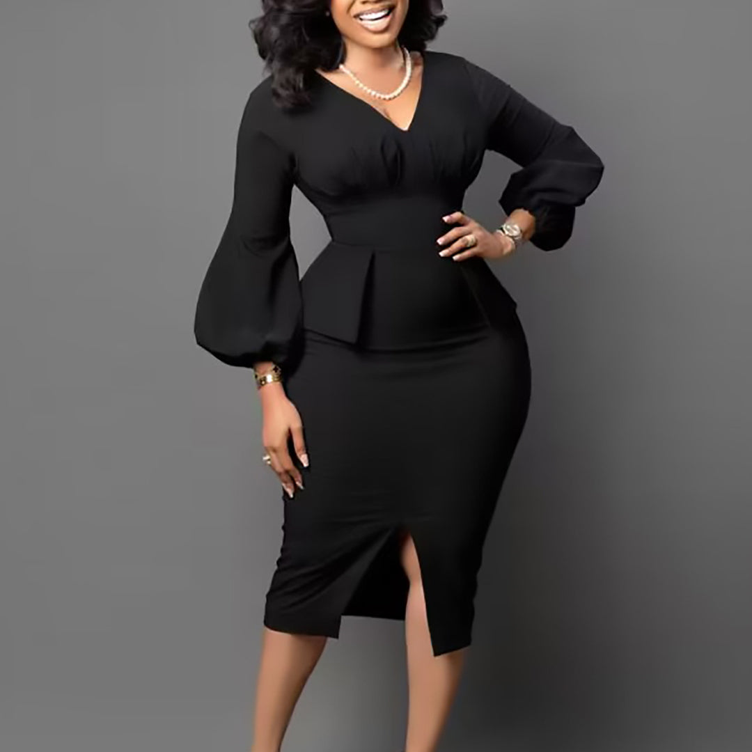 Damen Figurbetontes Midi-Kleid mit Puffärmeln und Schlitz Drune