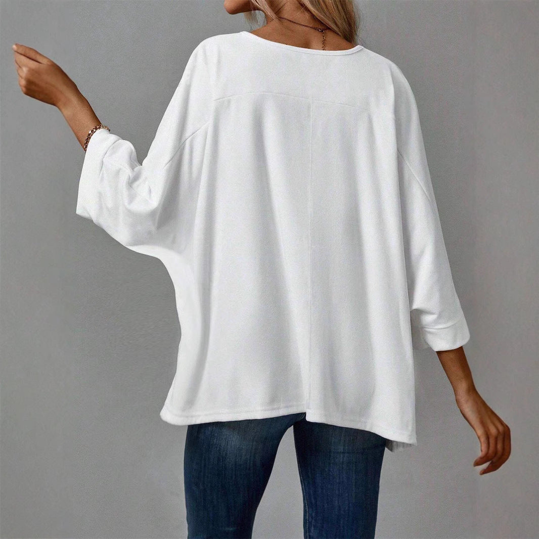 Damen Oversize Tunika‑Bluse mit U‑Boot‑Ausschnitt und dreiviertelärmeln Drune