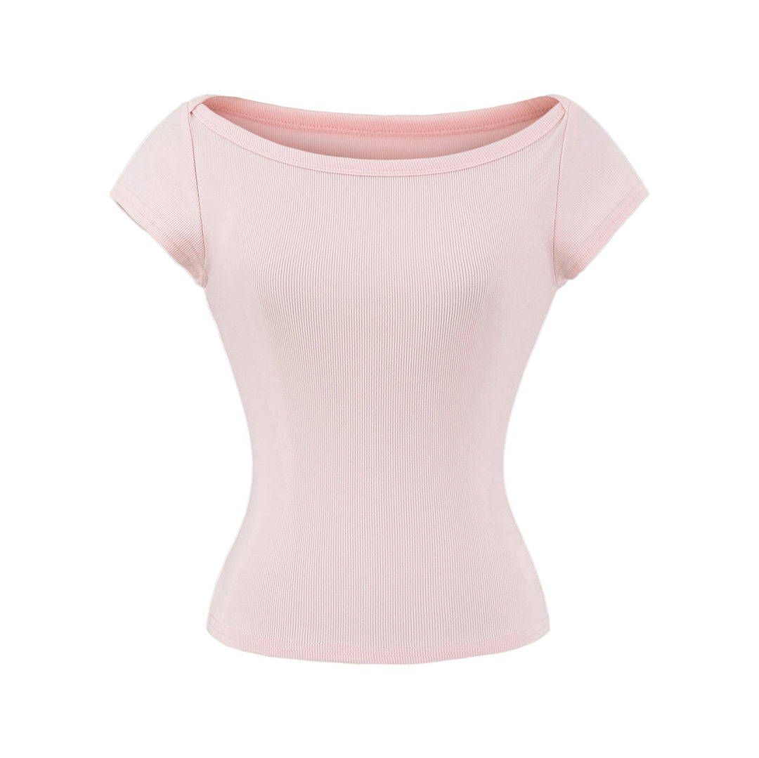 Damen figurbetontes Kurzarmshirt mit weitem Rundhalsausschnitt und feiner Rippstruktur Drune