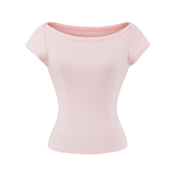 Damen figurbetontes Kurzarmshirt mit weitem Rundhalsausschnitt und feiner Rippstruktur Drune