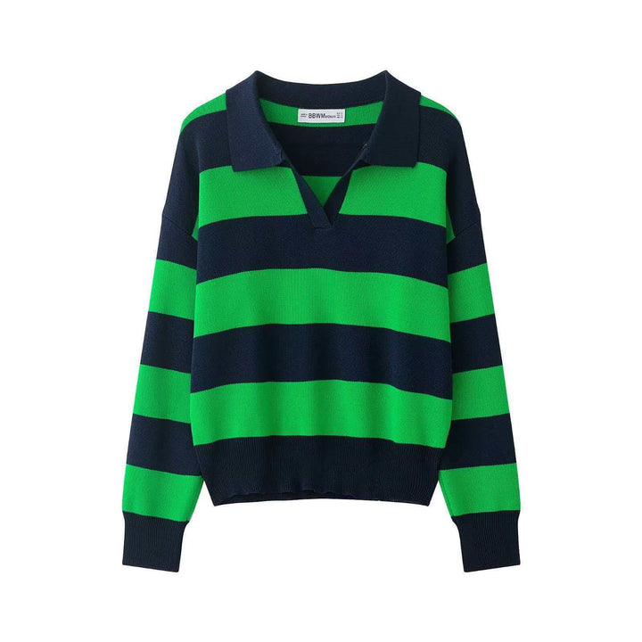 Damen nan gestreifter Rugby-Strickpullover mit Polokragen und weiter Oversize-Passform Drune