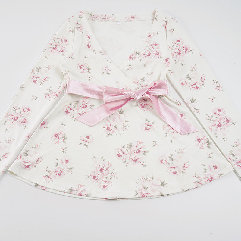 Damen nan florales Wickelshirt mit V-Ausschnitt, tailliertem Empire-Schnitt und breitem Satinband Drune