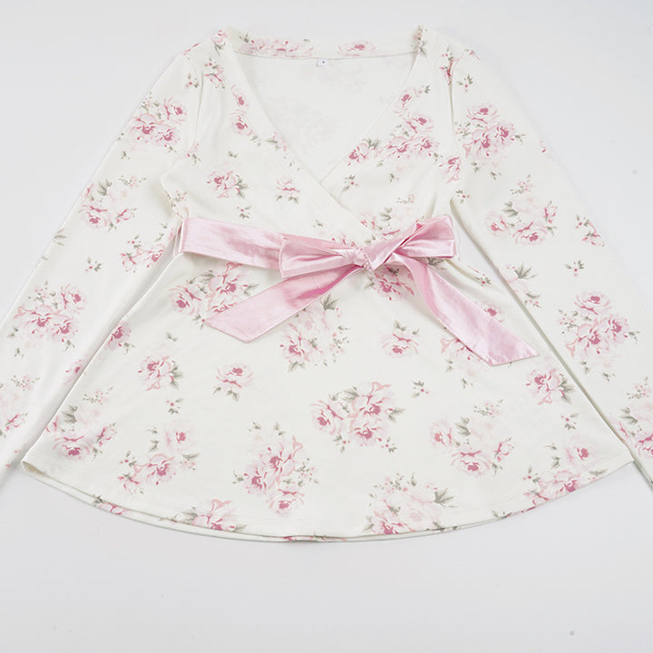 Damen nan florales Wickelshirt mit V-Ausschnitt, tailliertem Empire-Schnitt und breitem Satinband Drune
