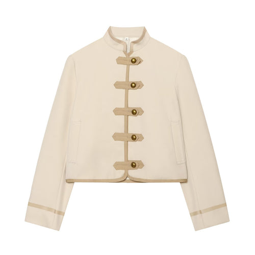 Damen Kurze taillierte Jacke mit Mandarinkragen und dekorativen Laschen Drune