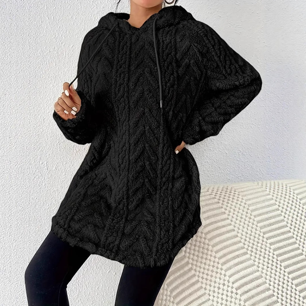 Damen nan kuschelige Kapuzenjacke aus Teddyfleece mit Zopfmuster und gerafftem Saum Drune