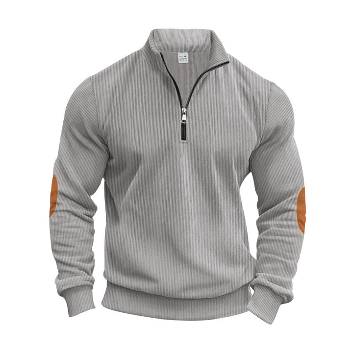 Herren nan strukturierter Baumwoll-Strickpullover mit halbem Reißverschluss und Ellenbogenbesatz Drune