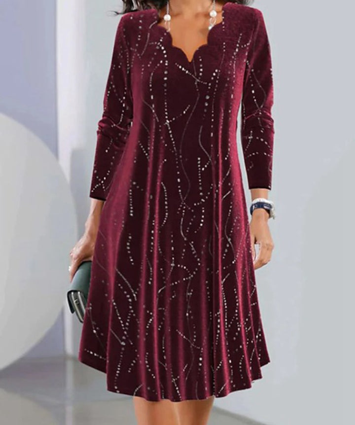 Damen nan Samt-A-Linienkleid mit geschwungener Ausschnittkante und Strassbesatz Drune