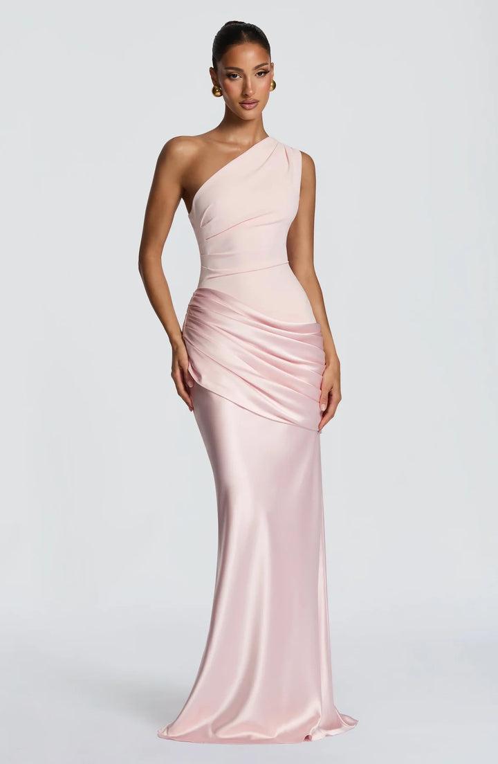 Damen elegantes asymmetrisches Satin-Abendkleid mit Drapé-Design Drune