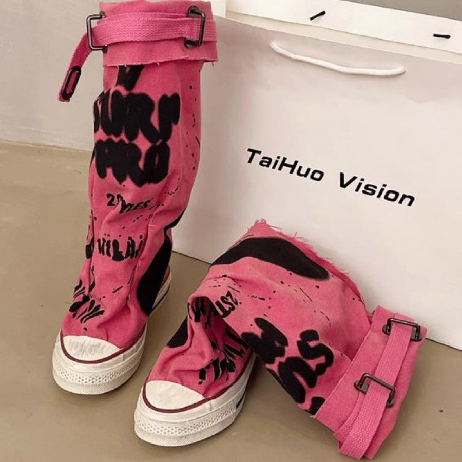 Damen Lässige Canvas-Plateau-Sneaker mit geschlitztem Schaft und Schnallenriemen Drune