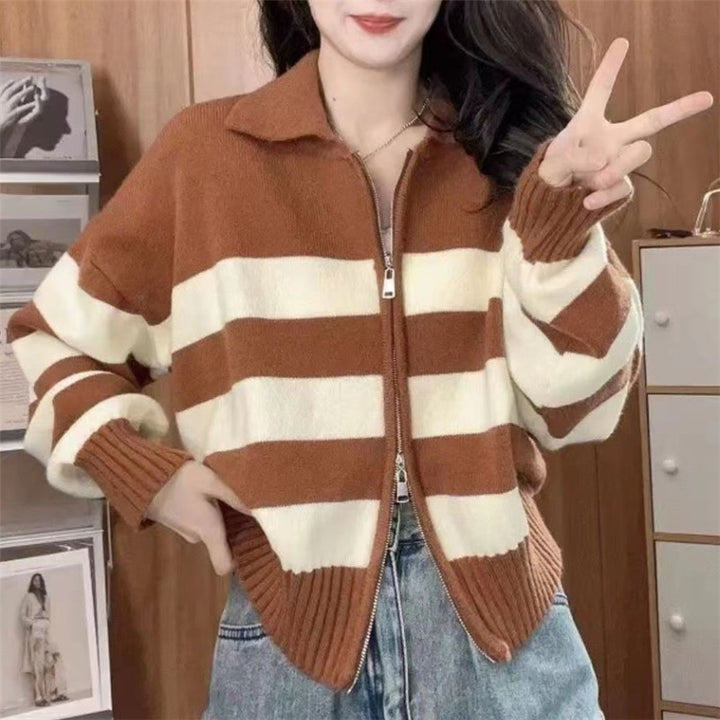 Damen lässige Cardiganjacke mit Reißverschluss und breiten Streifen Drune