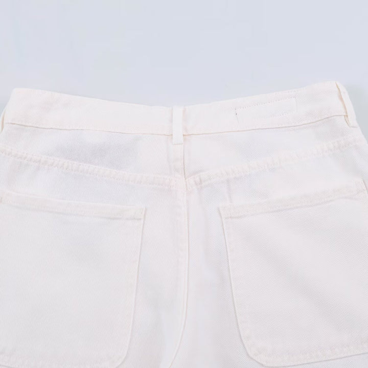 Damen weite Jeanshose mit hoher Taille, Bügelfalte und aufgesetzten Taschen Drune