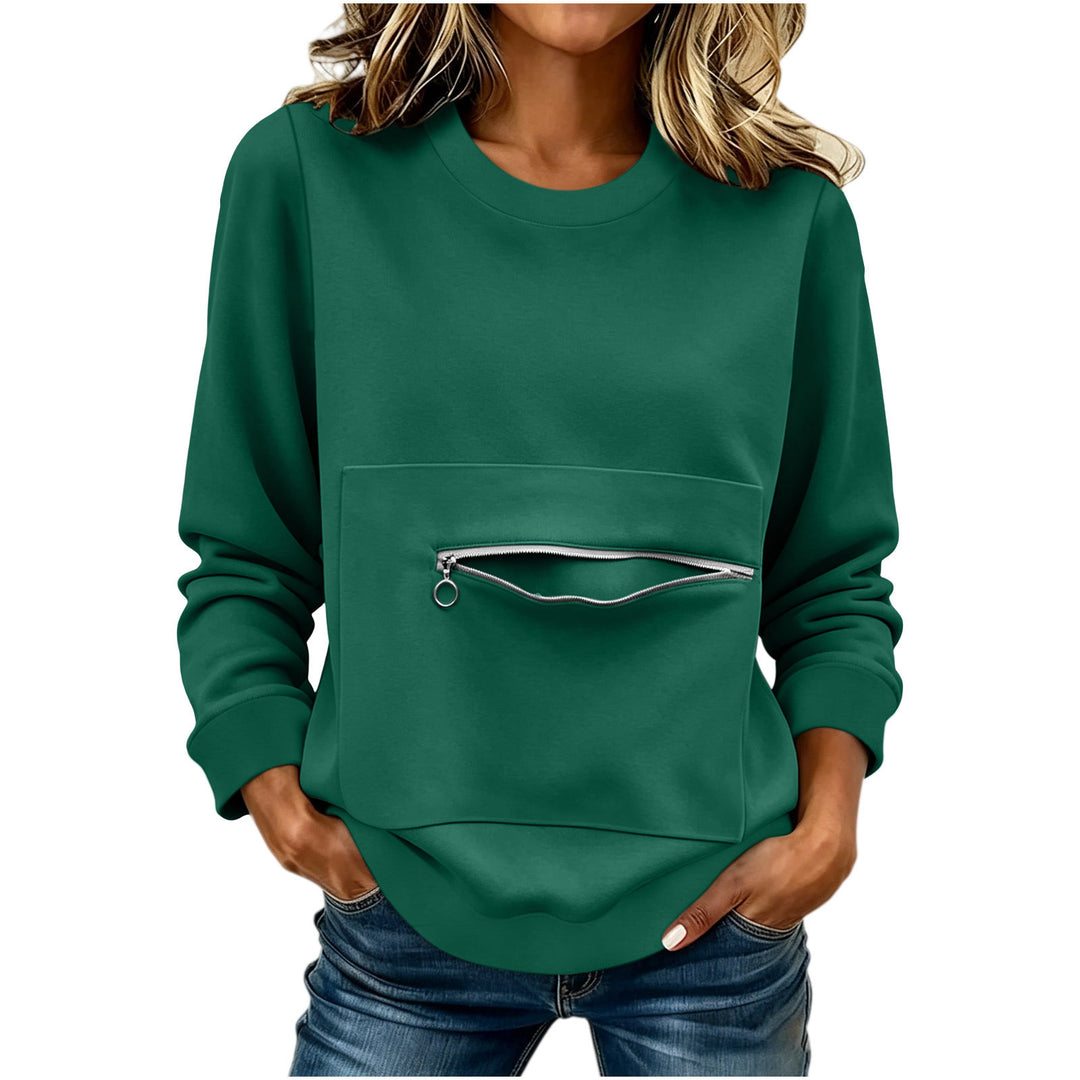 Damen nan locker geschnittenes Sweatshirt mit Frontreißverschlusstasche und Rundhalsausschnitt Drune
