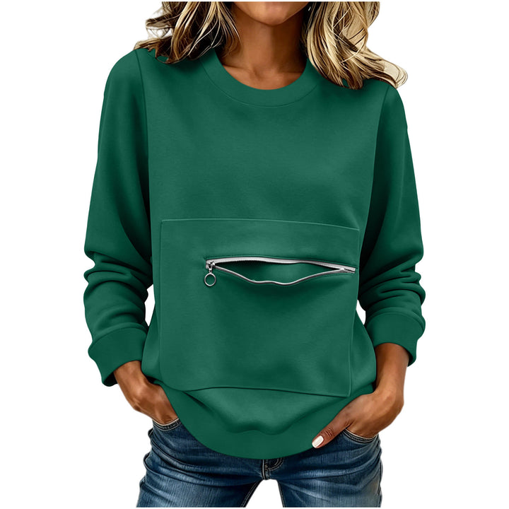 Damen nan locker geschnittenes Sweatshirt mit Frontreißverschlusstasche und Rundhalsausschnitt Drune