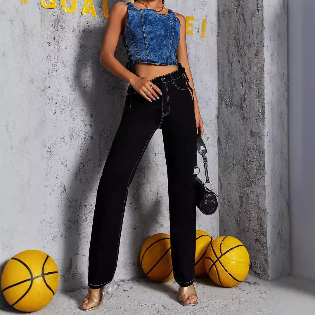 Damen High‑Waist gerade geschnittene Jeans mit Kontrastnähten Drune