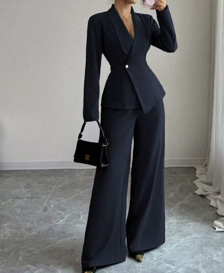 Damen tailliertes Hosenanzug-Set mit asymmetrischem Blazer und weitem Bein Drune