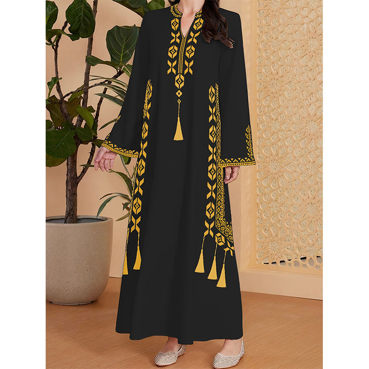 Damen Kaftan-Kleid mit kunstvollem besticktem Design und elegantem V-Ausschnitt Drune