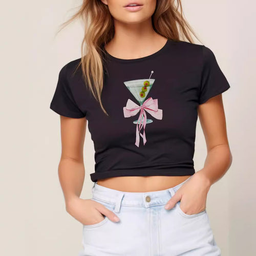 Damen Cropped T-Shirt mit trendy Cocktail-Design Drune