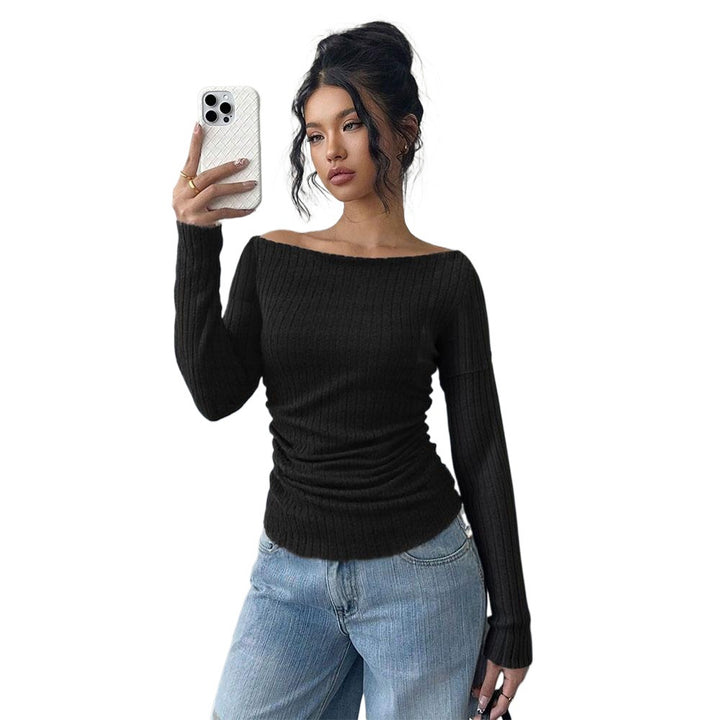 Damen schulterfreies geripptes Langarmshirt mit taillierter Raffung und figurbetontem Stretch Drune