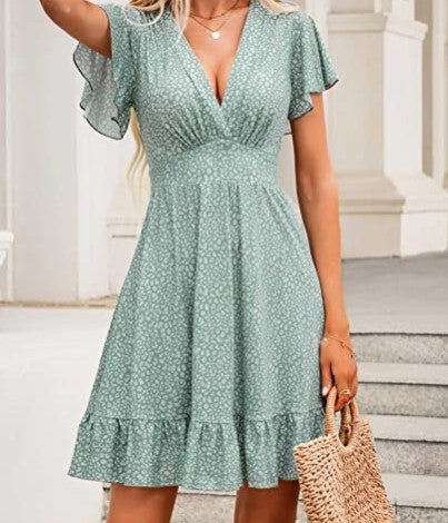 Damen V-Ausschnitt Kleid mit fließendem Rock und Rüschendetails Drune