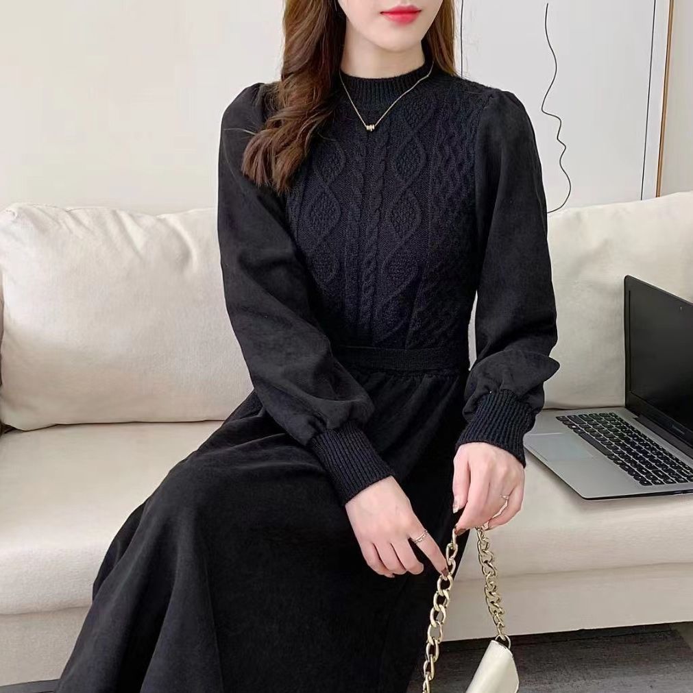 Damen Strickkleid mit strukturiertem Oberteil und Puffärmeln Drune