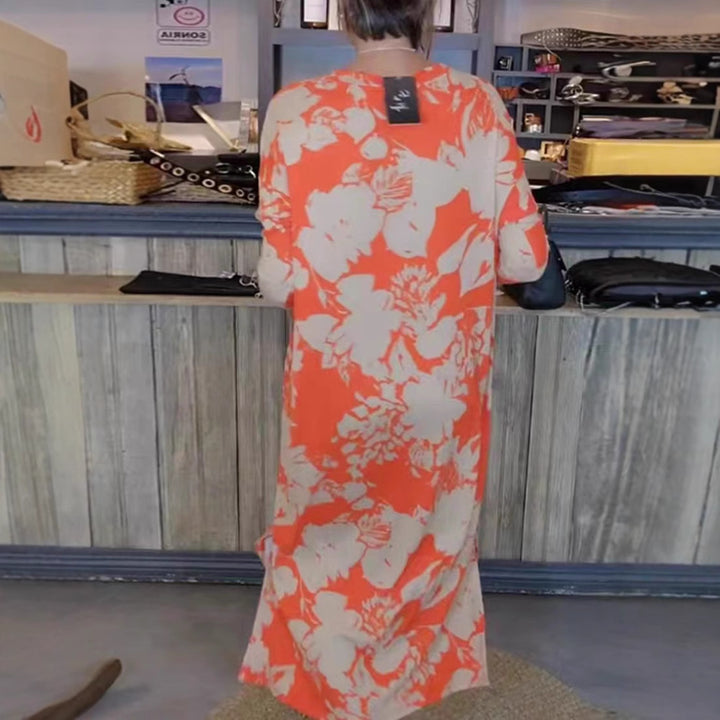 Damen nan fließendes A-Linien-Maxikleid mit Dreiviertelärmeln Rundhalsausschnitt Seitenschlitz und Eingrifftaschen Drune
