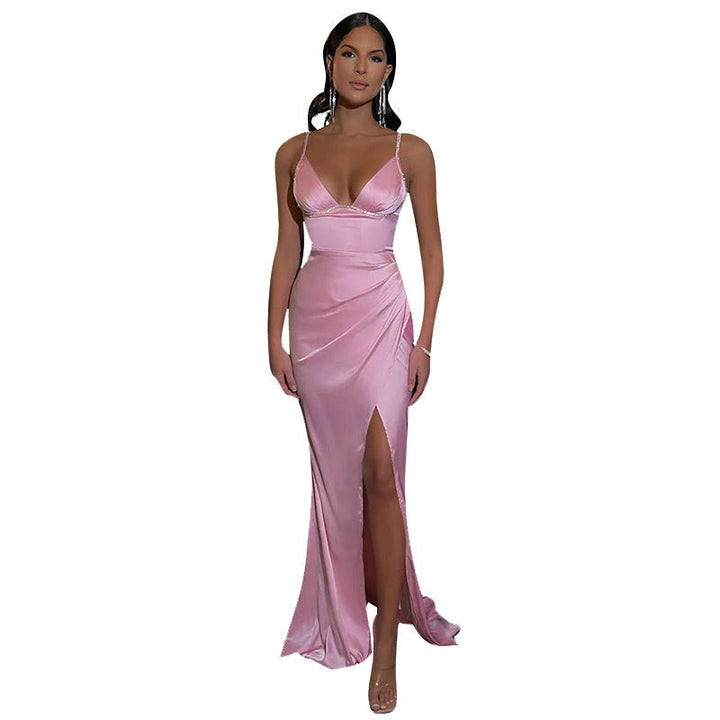 Damen Elegantes Satin-Maxikleid mit schmalem Schnitt und verführerischem V-Ausschnitt Drune